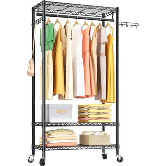 Heavy Duty Clothes Rack Rolling Garment Rack,3 Tier Adjustable Wire Shelving - Picture 7 of 7